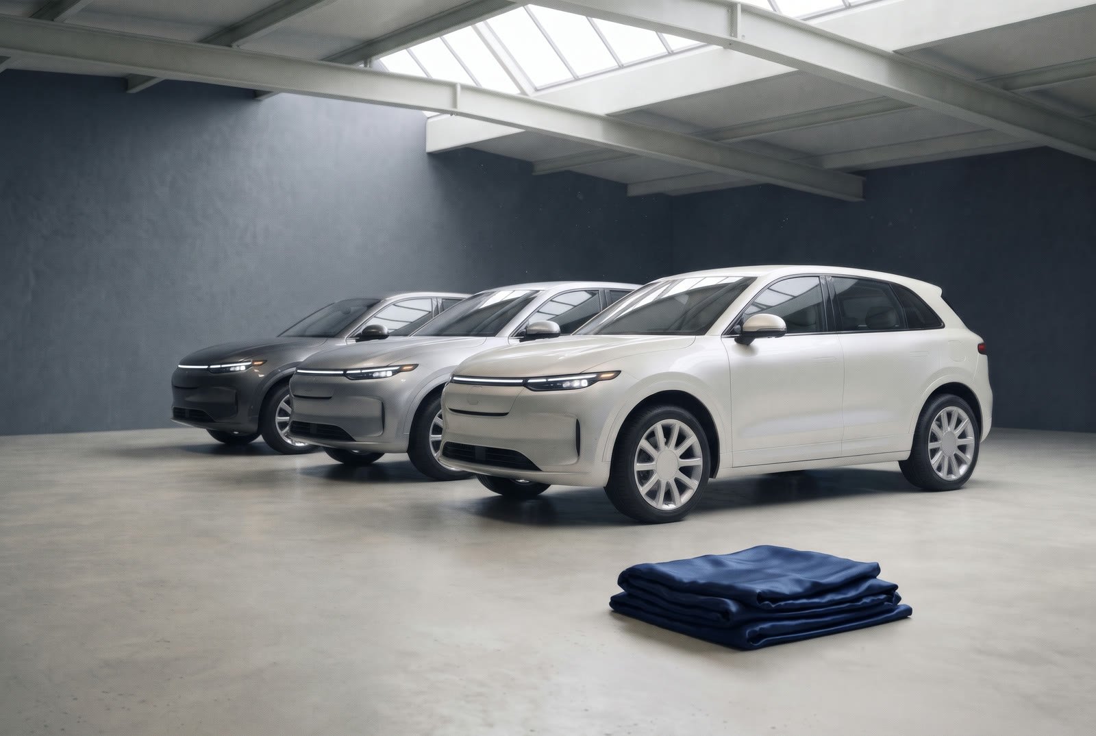 Three cars parked side by side in a calm showroom, a folded blue cover on the floor